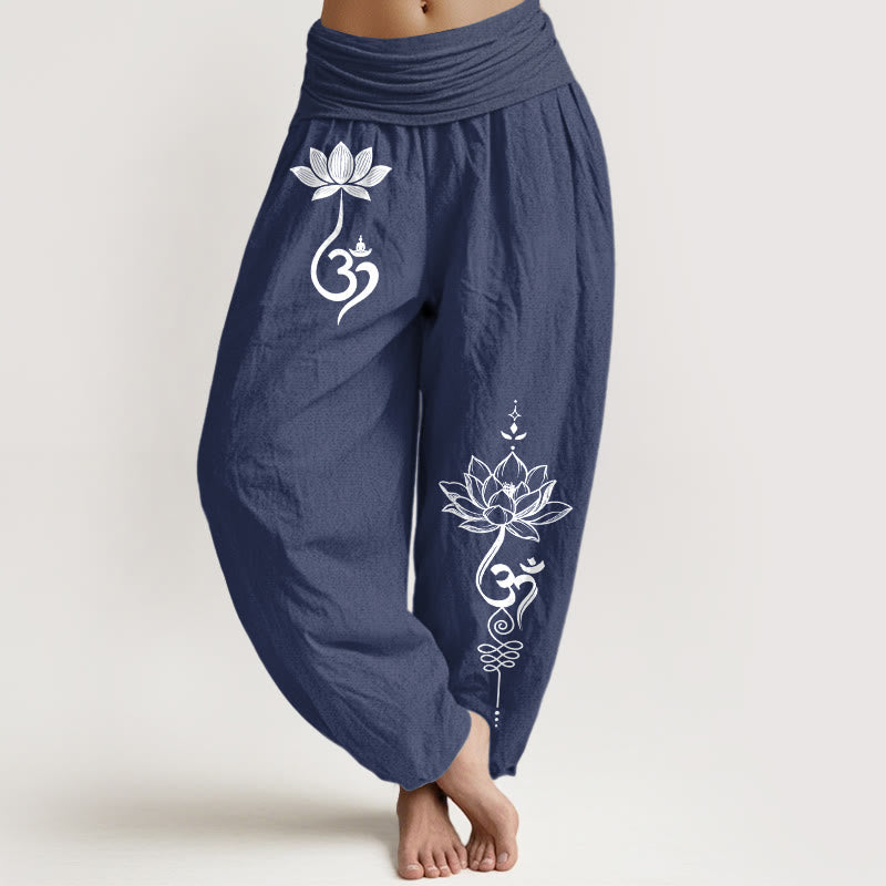 Buddha Stones Cotton Lotus Flower Om Pattern Women's Elastic Waist Harem Pants - DarkSlateBlue - US16，UK/AU20，EU48 (3XL) - image 8
