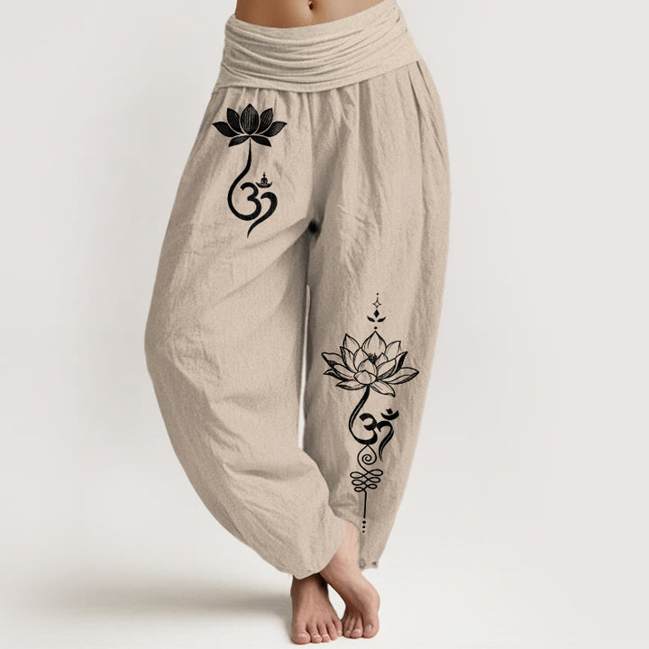 Buddha Stones Cotton Lotus Flower Om Pattern Women's Elastic Waist Harem Pants - Tan - US16，UK/AU20，EU48 (3XL) - image 11