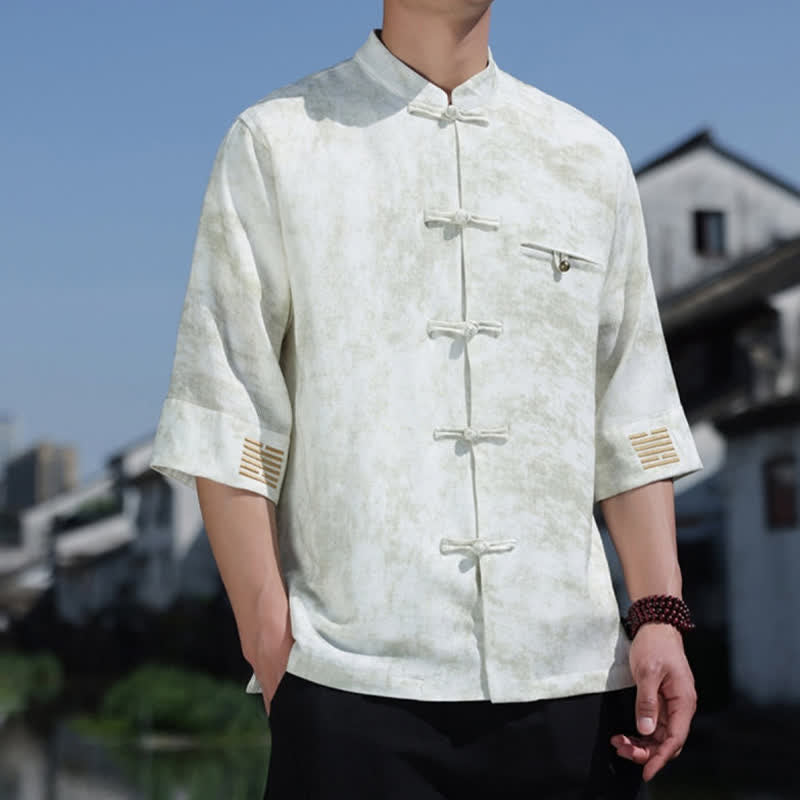 Buddha Stones Frog-Button Mottled Pattern Embroidery Short Sleeve Tang Suit Men's Linen Shirt - image 3