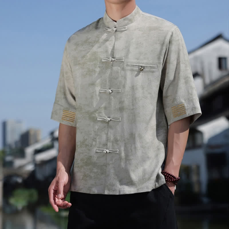 Buddha Stones Frog-Button Mottled Pattern Embroidery Short Sleeve Tang Suit Men's Linen Shirt - image 10