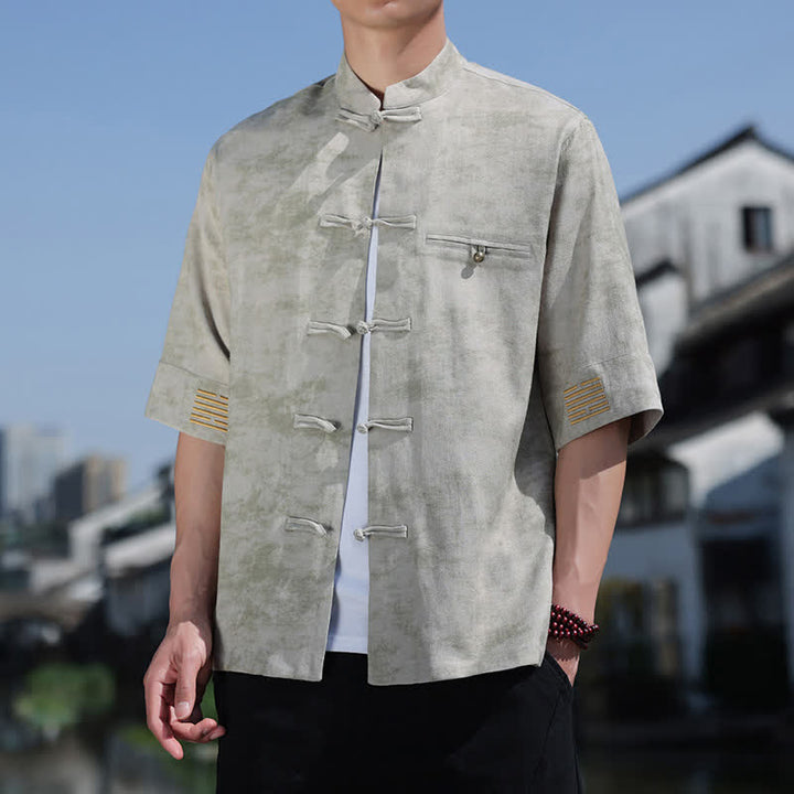 Buddha Stones Frog-Button Mottled Pattern Embroidery Short Sleeve Tang Suit Men's Linen Shirt - Silver - US/UK/AU46，EU56 (5XL) - image 9