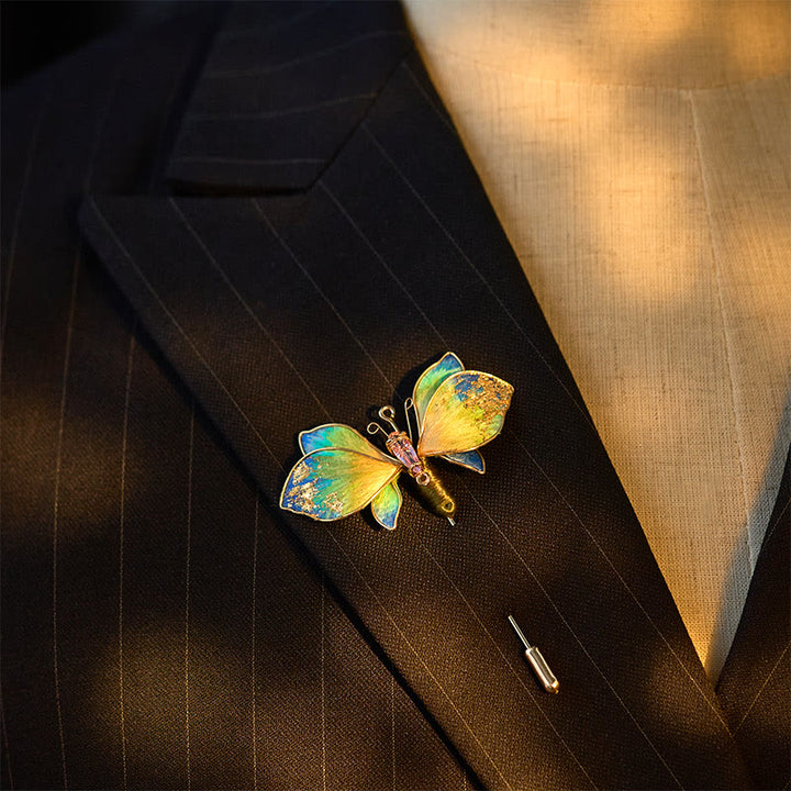 Buddha Stones Handcrafted Silk Art Velvet Flower Blue Green Gradient Butterfly Brooch - image 3