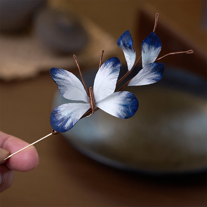 Buddha Stones Handcrafted Silk Art Velvet Flower White Butterfly Brooch - image 2