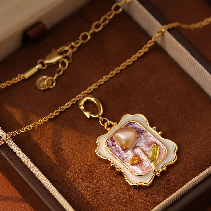 Buddha Stones Flower Oil Painting Pearl Copper Healing Necklace Pendant - image 2