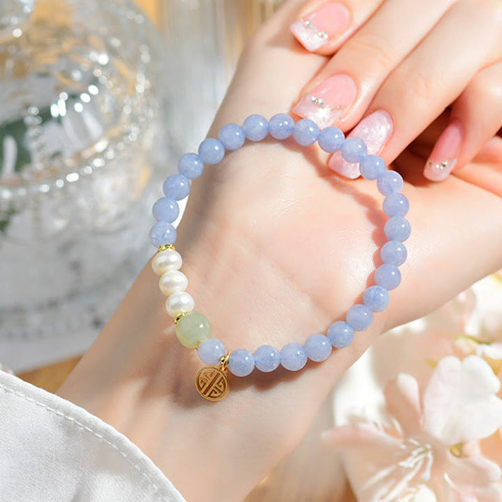 Buddha Stones Blue Chalcedony Pearl Beads Energy Bracelet - image 4