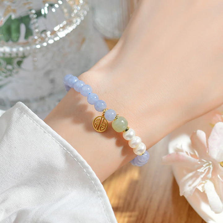 Buddha Stones Blue Chalcedony Pearl Beads Energy Bracelet - image 6