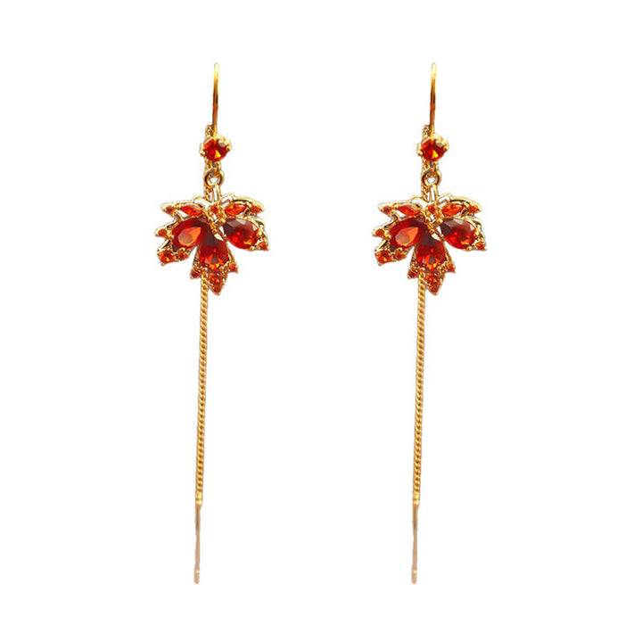 Buddha Stones Maple Leaf Red Zircon Copper Luck Drop Dangle Earrings - image 5