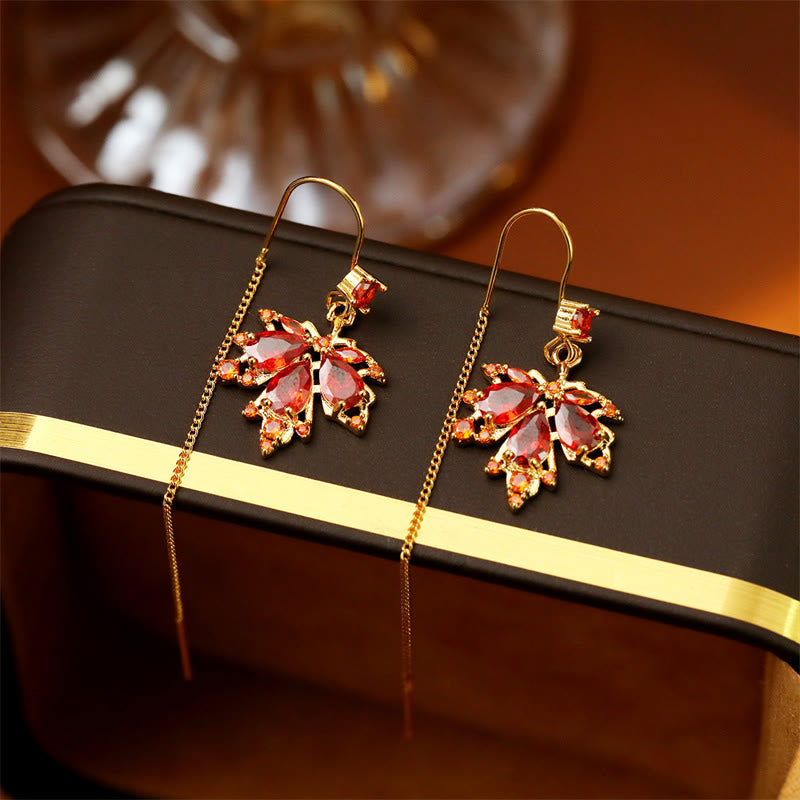 Buddha Stones Maple Leaf Red Zircon Copper Luck Drop Dangle Earrings - image 1