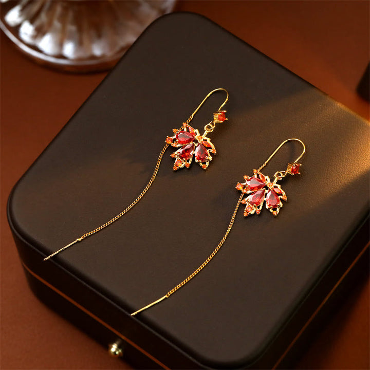 Buddha Stones Maple Leaf Red Zircon Copper Luck Drop Dangle Earrings - image 4