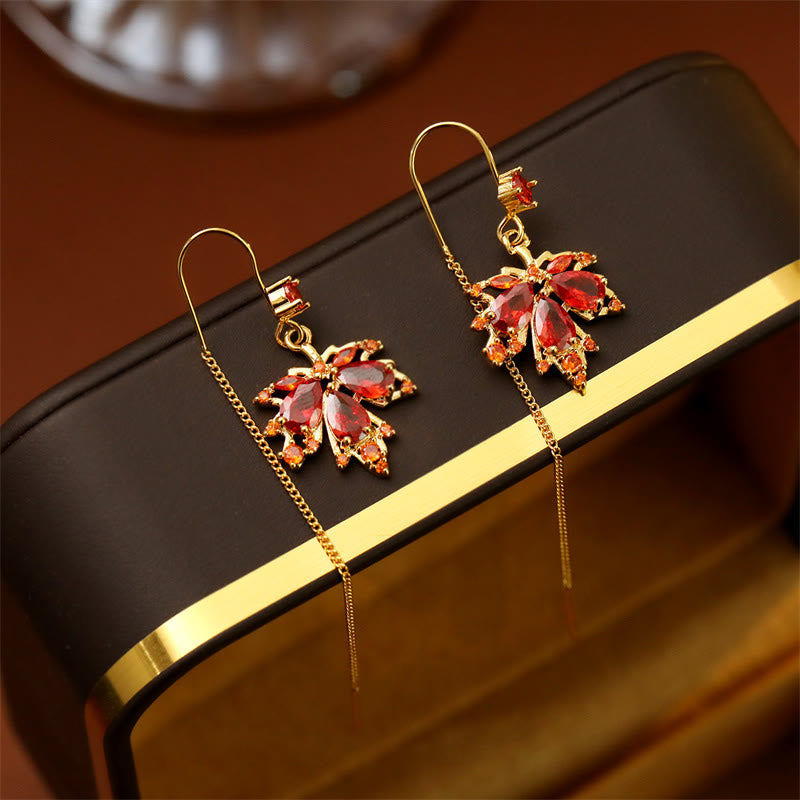 Buddha Stones Maple Leaf Red Zircon Copper Luck Drop Dangle Earrings - Maple Leaf(925 Sterling Silver Posts) - image 0