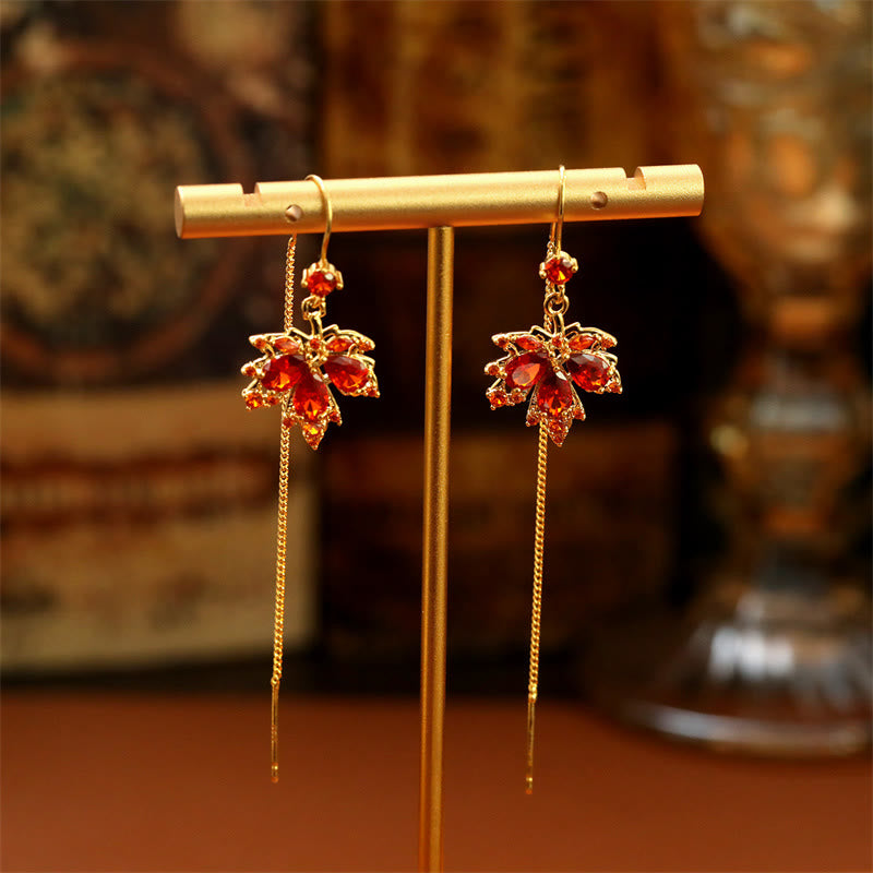 Buddha Stones Maple Leaf Red Zircon Copper Luck Drop Dangle Earrings - image 3