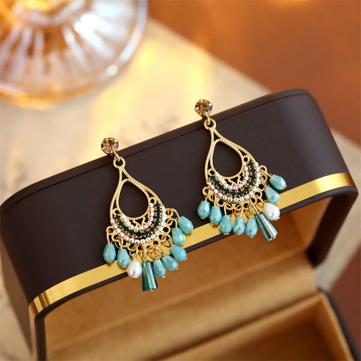 Buddha Stones Teardrop Tassel Copper Self Care Openwork Drop Dangle Earrings - image 1