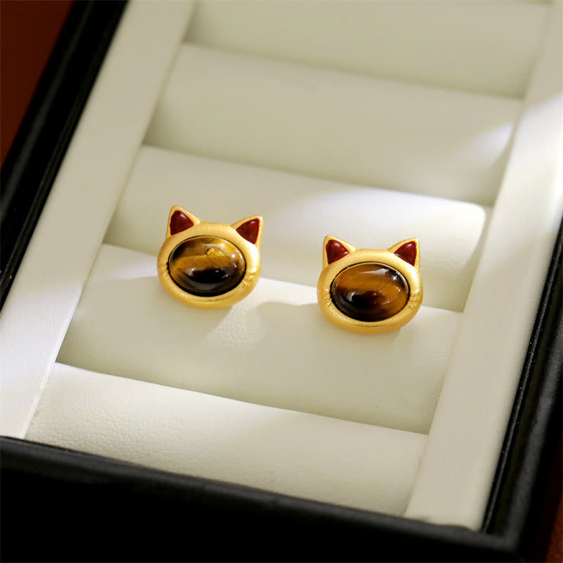 Buddha Stones Turquoise Tiger Eye Cat Head Design Copper Protection Stud Earrings - Tiger Eye(925 Sterling Silver Posts) - image 6