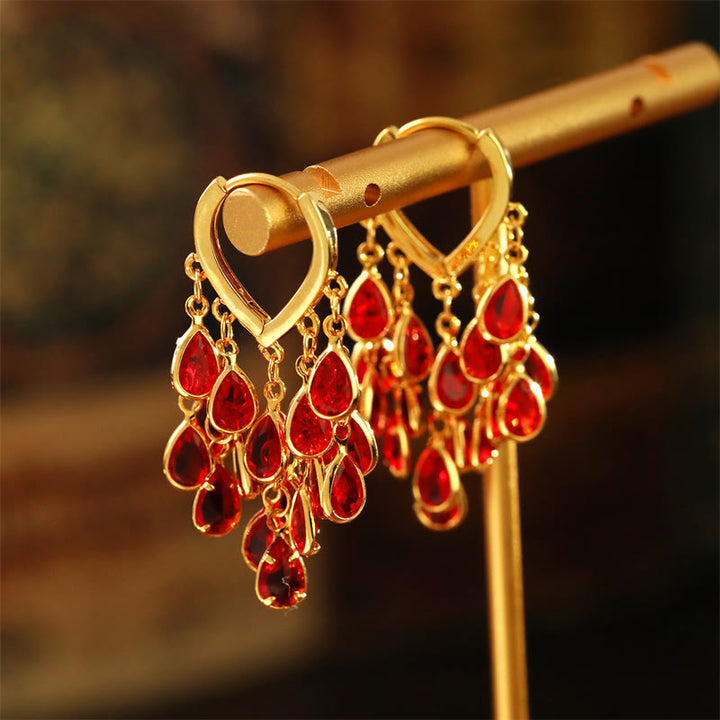 Buddha Stones Red Water Droplet Tassel Healing Copper Hoop Earrings - Water Droplet(Copper Posts) - image 0