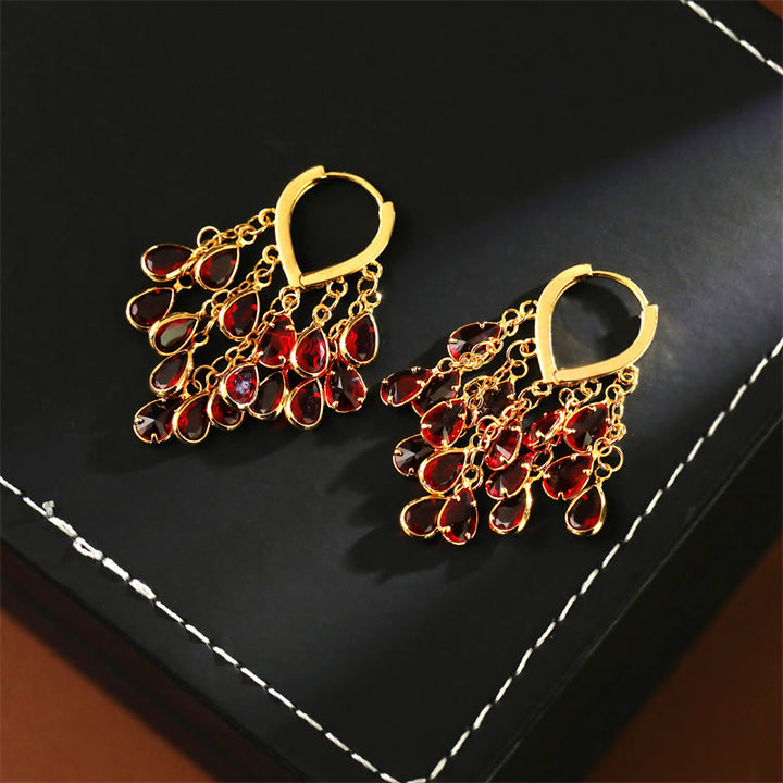 Buddha Stones Red Water Droplet Tassel Healing Copper Hoop Earrings - image 2