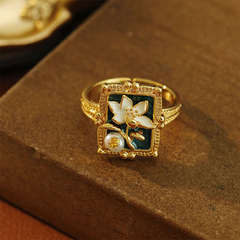 Buddha Stones Vintage Oil Painting Lotus Flower Pearl Copper Wealth Ring - image 1
