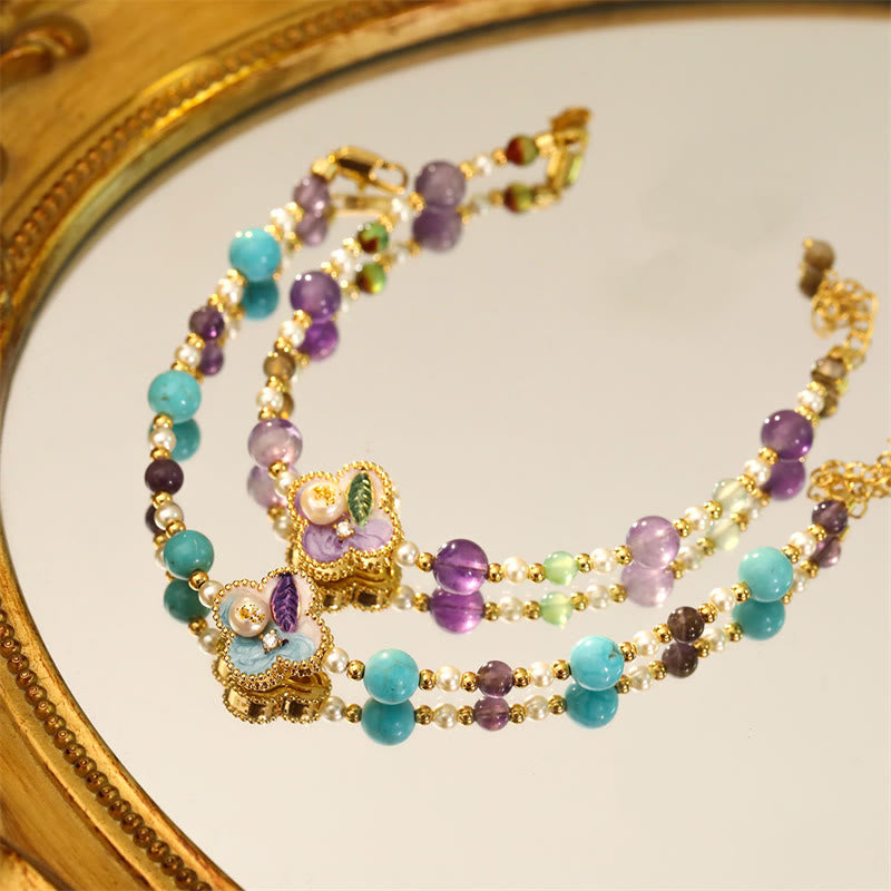 Buddha Stones Pearl Turquoise Beads Flower Design Copper Luck Chain Bracelet - image 6