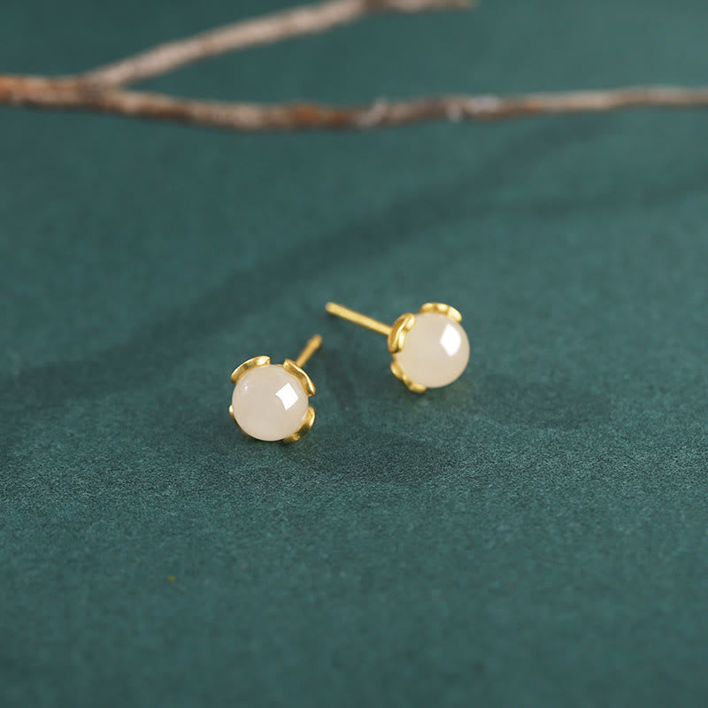 Buddha Stones Hetian Jade 925 Sterling Silver Heart-Shaped Lace Harmony Earrings - Hetian Jade(Gold Plated 925 Sterling Silver Posts) - image 0