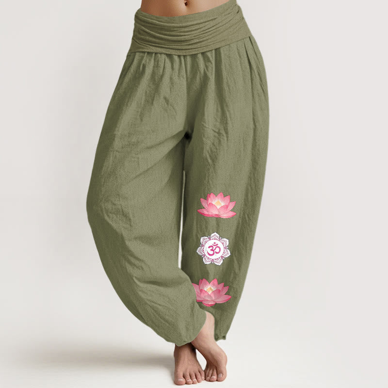Buddha Stones Cotton Om Lotus Flower Pattern Women's Elastic Waist Harem Pants - OliveDrab - US16，UK/AU20，EU48 (3XL) - image 14