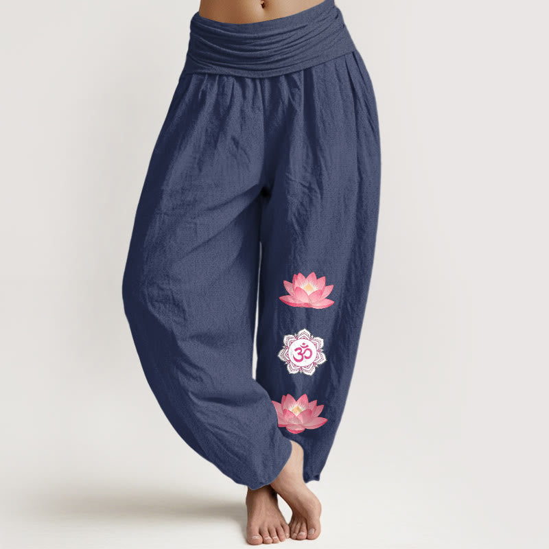 Buddha Stones Cotton Om Lotus Flower Pattern Women's Elastic Waist Harem Pants - DarkSlateBlue - US16，UK/AU20，EU48 (3XL) - image 0