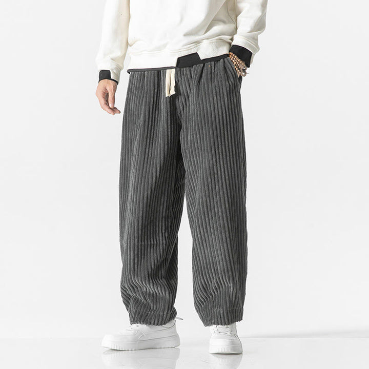 Buddha Stones Retro Winter Solid Color Men's Drawstring Corduroy Harem Pants With Pockets - Gray - US/UK/AU50，EU60 (5XL) - image 0