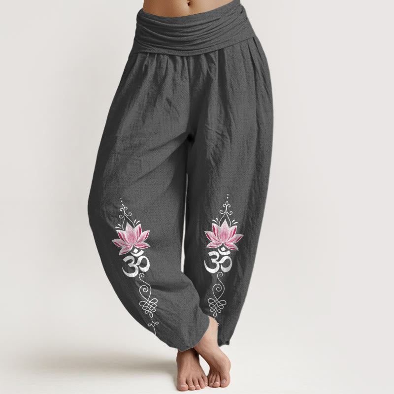 Buddha Stones Cotton OM Sanskrit Design Lotus Flower Pattern Women's Elastic Waist Harem Pants - DimGray - US16，UK/AU20，EU48 (3XL) - image 11