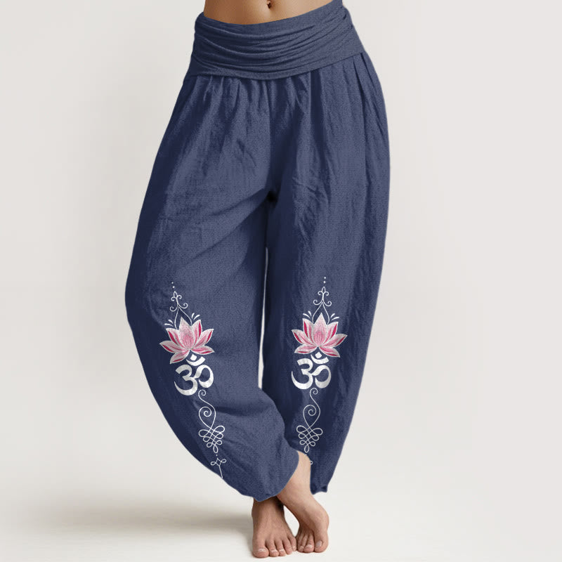 Buddha Stones Cotton OM Sanskrit Design Lotus Flower Pattern Women's Elastic Waist Harem Pants - DarkSlateBlue - US16，UK/AU20，EU48 (3XL) - image 8