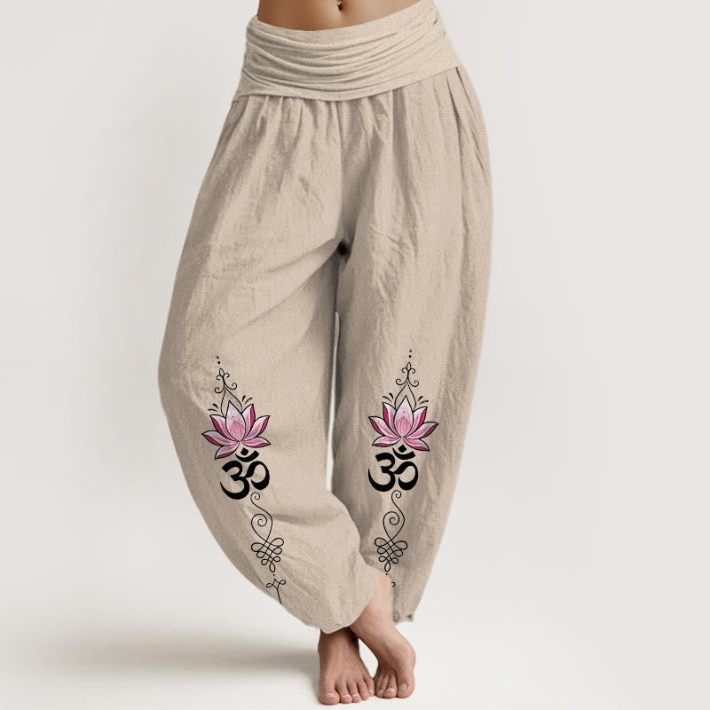 Buddha Stones Cotton OM Sanskrit Design Lotus Flower Pattern Women's Elastic Waist Harem Pants - Tan - US16，UK/AU20，EU48 (3XL) - image 14