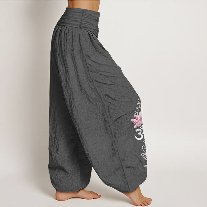 Buddha Stones Cotton OM Sanskrit Design Lotus Flower Pattern Women's Elastic Waist Harem Pants - image 12