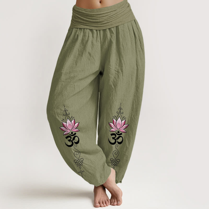 Buddha Stones Cotton OM Sanskrit Design Lotus Flower Pattern Women's Elastic Waist Harem Pants - OliveDrab - US16，UK/AU20，EU48 (3XL) - image 0