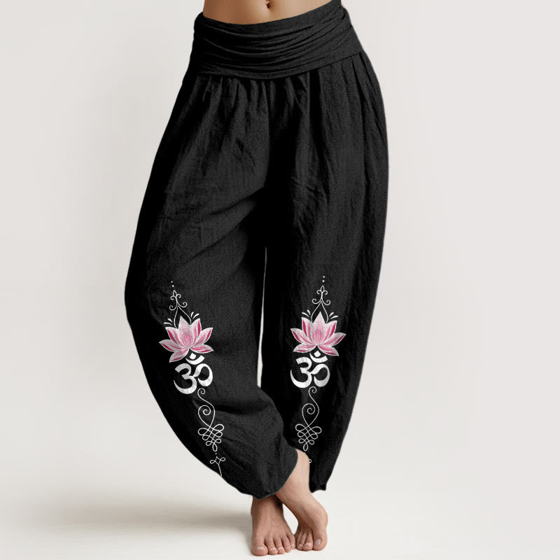 Buddha Stones Cotton OM Sanskrit Design Lotus Flower Pattern Women's Elastic Waist Harem Pants - Black - US16，UK/AU20，EU48 (3XL) - image 5