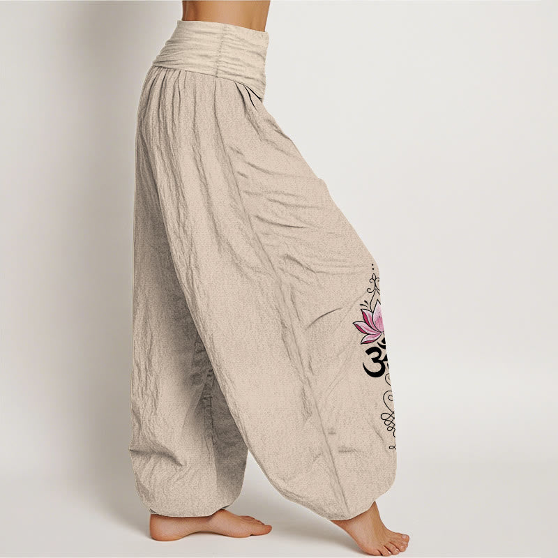Buddha Stones Cotton OM Sanskrit Design Lotus Flower Pattern Women's Elastic Waist Harem Pants - image 15