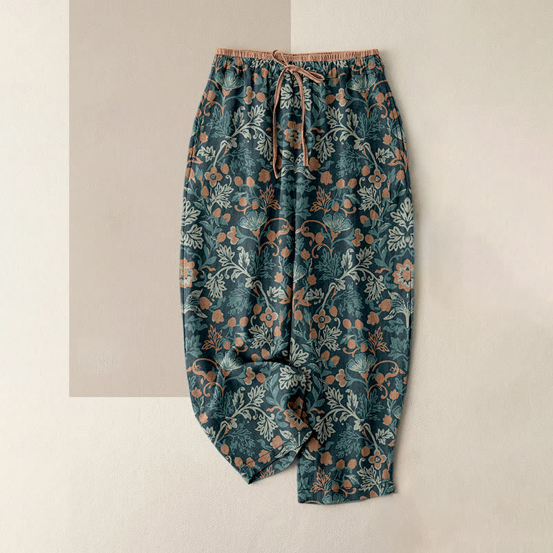 Buddha Stones Cotton Casual Flower Vine Leaves Pattern Women's Elastic Waist Pants With Pockets - CadetBlue - US16，UK/AU20，EU48 (3XL) - image 0