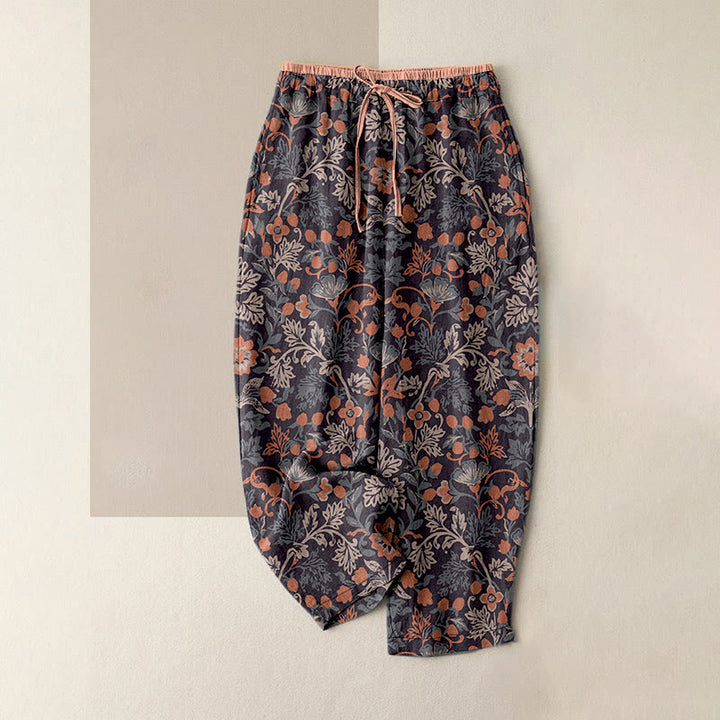 Buddha Stones Cotton Casual Flower Vine Leaves Pattern Women's Elastic Waist Pants With Pockets - RosyBrown - US16，UK/AU20，EU48 (3XL) - image 4