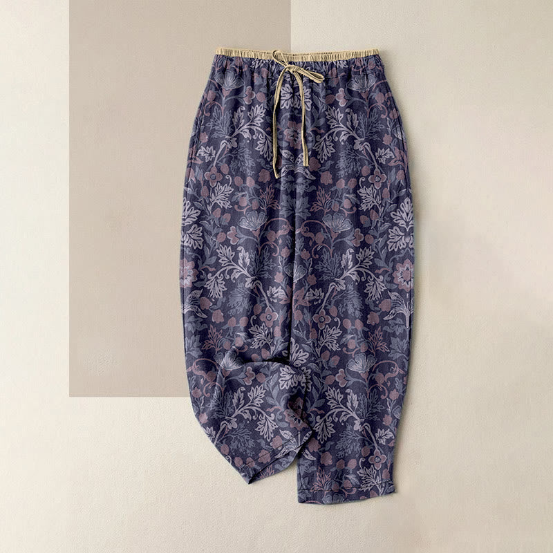 Buddha Stones Cotton Casual Flower Vine Leaves Pattern Women's Elastic Waist Pants With Pockets - Thistle - US16，UK/AU20，EU48 (3XL) - image 5