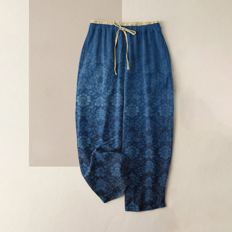 Buddha Stones Pure Cotton Retro Decorative Floral Pattern Women's Elastic Waist Pants With Pockets - SteelBlue - US16，UK/AU20，EU48 (3XL) - image 0