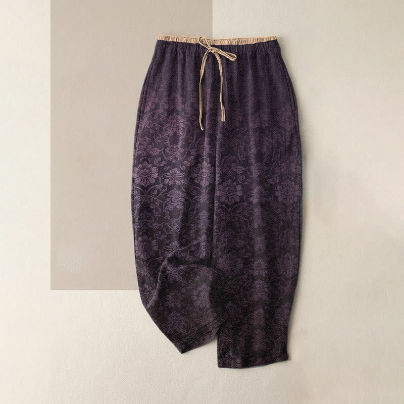 Buddha Stones Pure Cotton Retro Decorative Floral Pattern Women's Elastic Waist Pants With Pockets - Purple - US16，UK/AU20，EU48 (3XL) - image 4