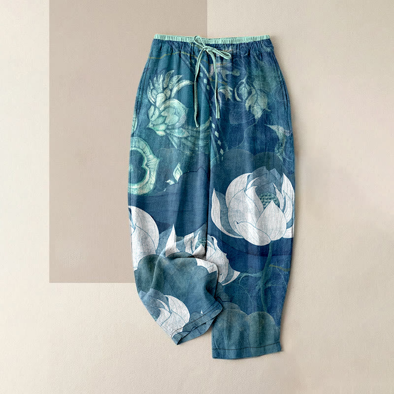 Buddha Stones Cotton Casual White Lotus Leaves Pattern Women's Elastic Waist Pants With Pockets - DarkTurquoise - US16，UK/AU20，EU48 (3XL) - image 4
