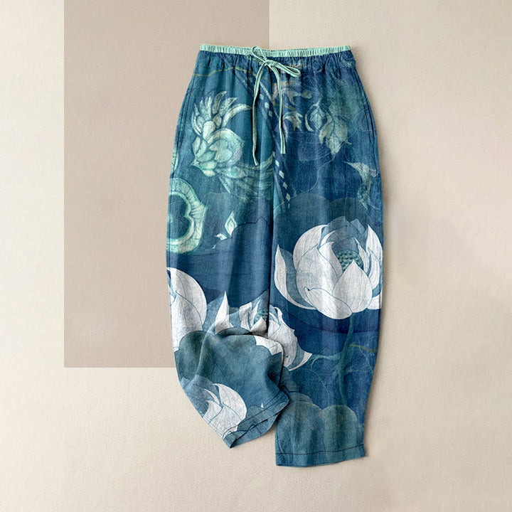 Buddha Stones Cotton Casual White Lotus Leaves Pattern Women's Elastic Waist Pants With Pockets - DarkTurquoise - US16，UK/AU20，EU48 (3XL) - image 4