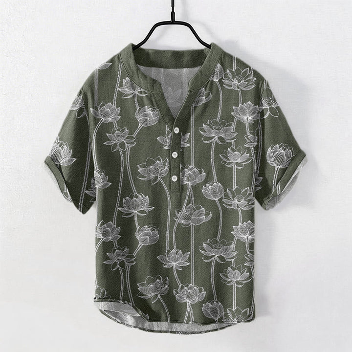 Buddha Stones Cotton Harmonious Lotus Pattern Men's Short Sleeve Half Button Shirt - DarkOliveGreen - US/UK/AU50，EU60 (5XL) - image 0