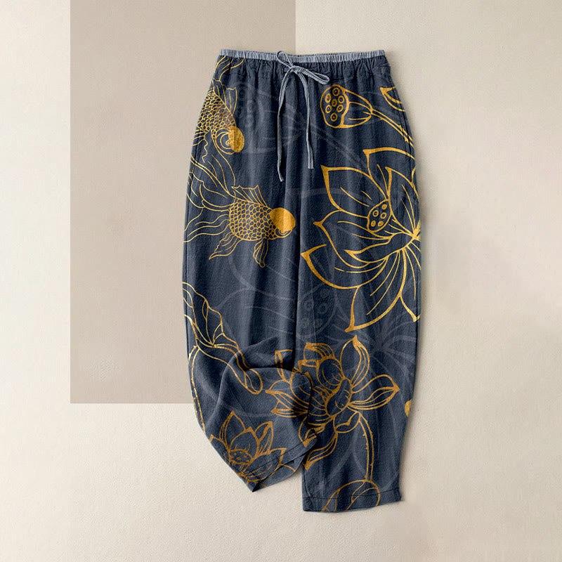 Buddha Stones Cotton Casual Lotus Leaf Koi Fish Pattern Women's Elastic Waist Pants With Pockets - DimGray - US16，UK/AU20，EU48 (3XL) - image 4