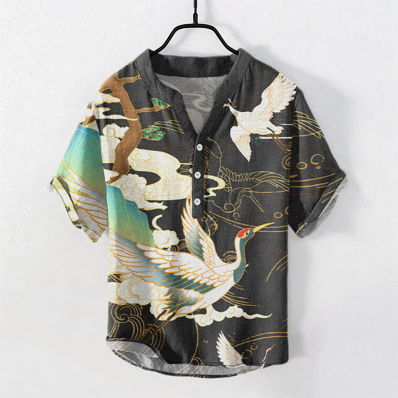 Buddha Stones Cotton Crane Auspicious Clouds Pine Pattern Men's Short Sleeve Half Button Shirt - Black - US/UK/AU50，EU60 (5XL) - image 0