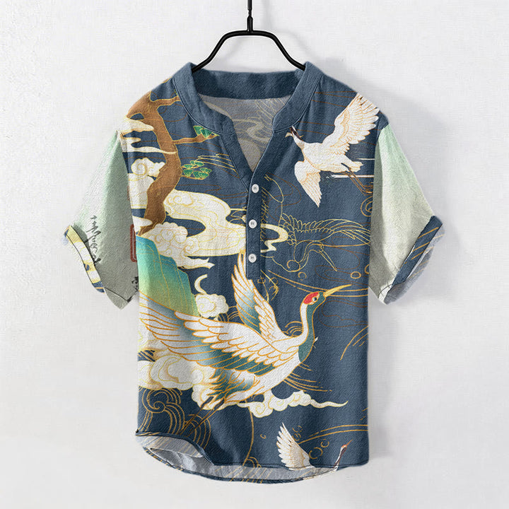 Buddha Stones Cotton Crane Auspicious Clouds Pine Pattern Men's Short Sleeve Half Button Shirt - SteelBlue - US/UK/AU50，EU60 (5XL) - image 4