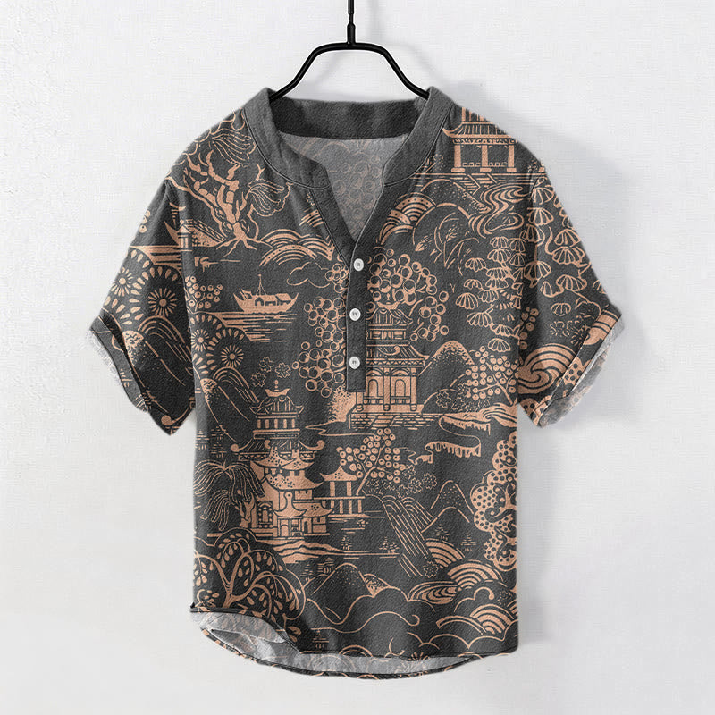 Buddha Stones Cotton Nature Towers Landscape Pattern Men's Short Sleeve Half Button Shirt - DimGray - US/UK/AU50，EU60 (5XL) - image 6