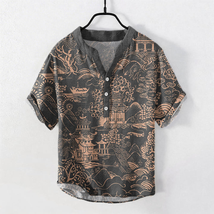 Buddha Stones Cotton Nature Towers Landscape Pattern Men's Short Sleeve Half Button Shirt - DimGray - US/UK/AU50，EU60 (5XL) - image 6