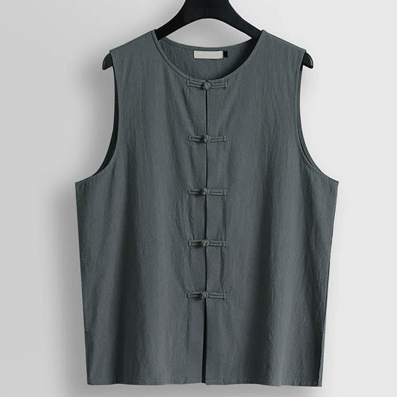 Buddha Stones Retro Frog-Button Crew Neck Men's Cotton Linen Sleeveless Vest - LightSlateGray - US/UK/AU56，EU66(9XL) - image 8