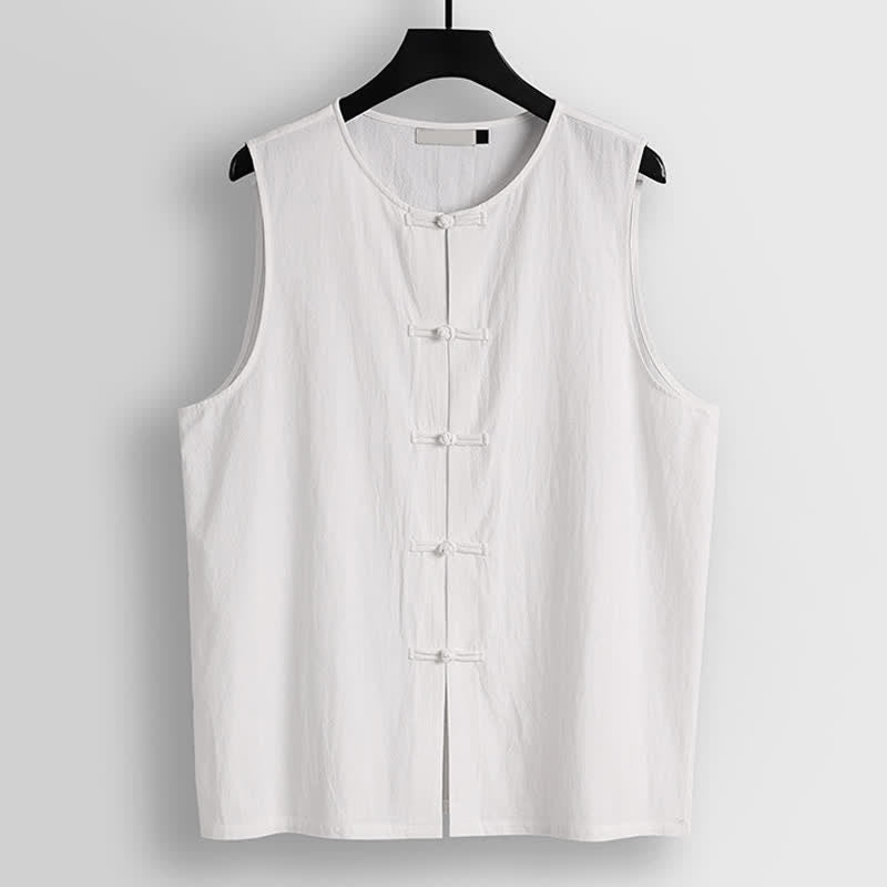 Buddha Stones Retro Frog-Button Crew Neck Men's Cotton Linen Sleeveless Vest - White - US/UK/AU56，EU66(9XL) - image 7