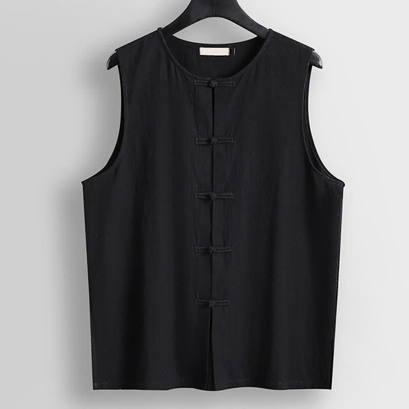 Buddha Stones Retro Frog-Button Crew Neck Men's Cotton Linen Sleeveless Vest - Black - US/UK/AU56，EU66(9XL) - image 9