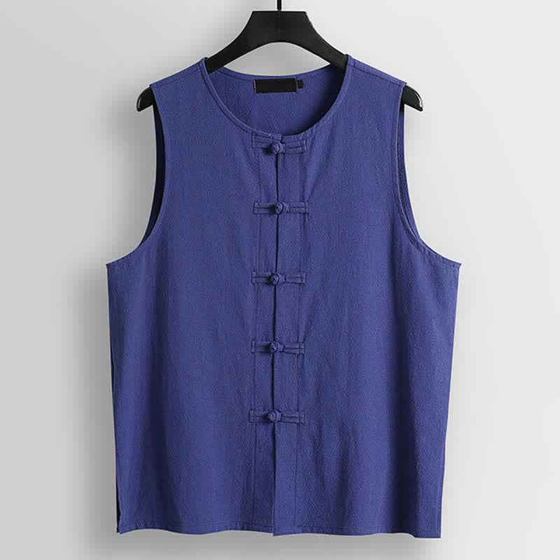 Buddha Stones Retro Frog-Button Crew Neck Men's Cotton Linen Sleeveless Vest - SlateBlue - US/UK/AU56，EU66(9XL) - image 10