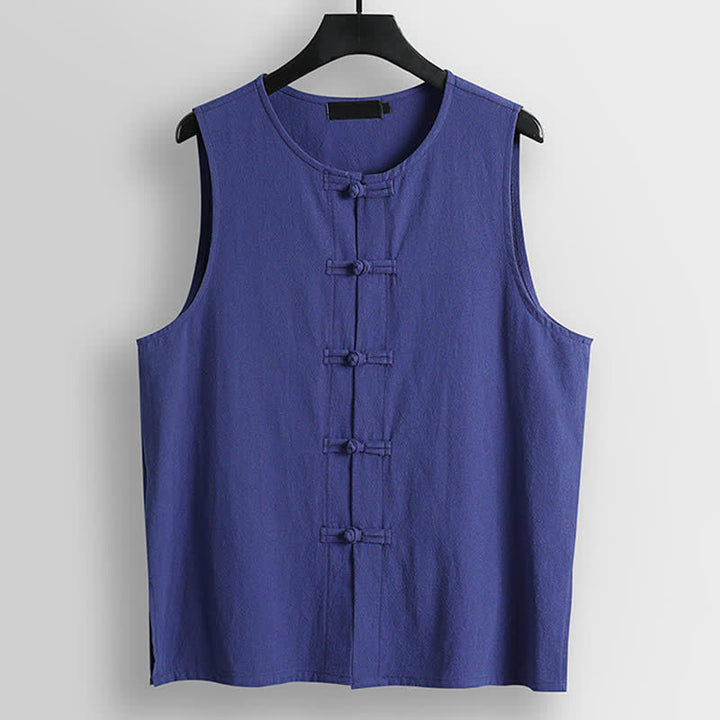 Buddha Stones Retro Frog-Button Crew Neck Men's Cotton Linen Sleeveless Vest - SlateBlue - US/UK/AU56，EU66(9XL) - image 10